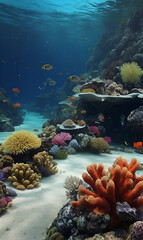 Underwater world, fish swim, coral growth, algae and other inhabitants of the underwater world