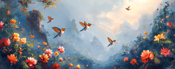 Flying hummingbirds oil painting - 784787033