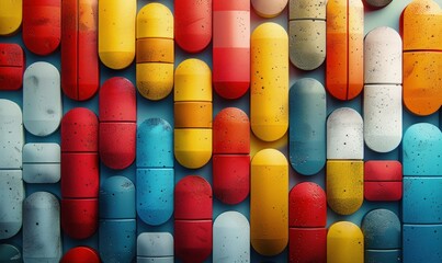 Abstract composition of different vitamins and supplements arranged in a geometric pattern, bright and colorful with a focus on the essentials