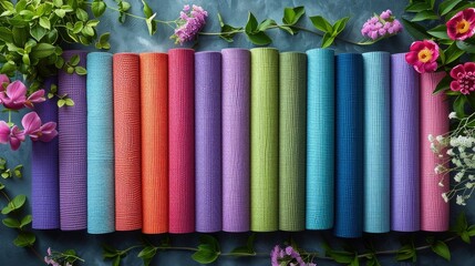 A stack of colorful yoga mats in a modern studio, soft pastel colors