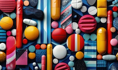 Abstract composition of different vitamins and supplements arranged in a geometric pattern, bright and colorful with a focus on the essentials