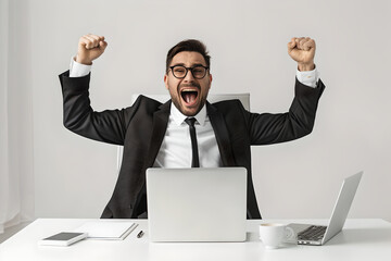 Young man happy and excited working with laptop, achieving success in business. Male celebrates...