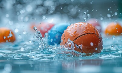 Abstract shot of water polo caps and balls on a white background, blurred motion