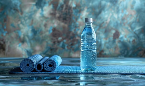 Abstract image of yoga mat and water bottle, minimalist composition