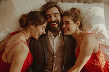 The concept of a threesome. A man and two women in love. A man in a suit and two women in red dresses in the same bed. Polygamy or bigamy.