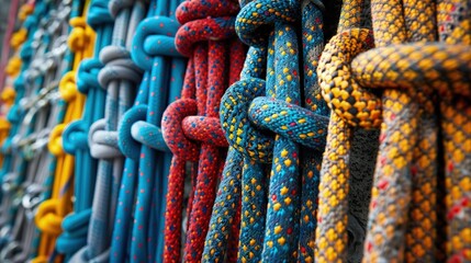 Climbing harness and ropes in a rock climbing gym, dynamic angles and bold colors - obrazy, fototapety, plakaty