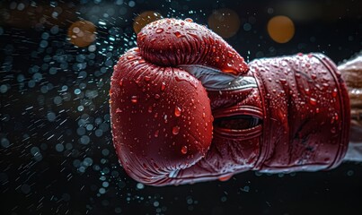 Close-up of a boxer's gloved fists clashing in the ring, sweat and determination visible - obrazy, fototapety, plakaty