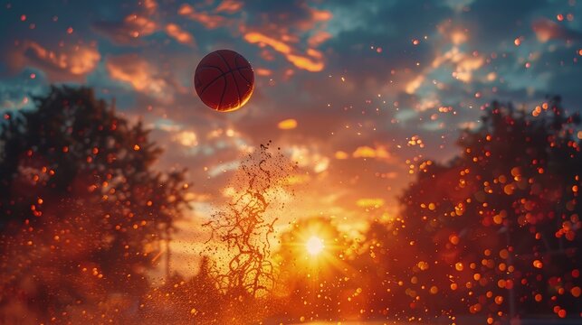 Basketball player shooting a three-pointer at sunset, basketball glory