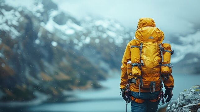 Climbing gear hanging on a rock face, rugged outdoor setting