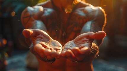 Close-up of man's hands in pilates pose, strong contrast lighting
