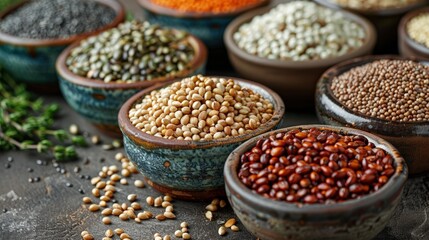 Close-up of various colorful hemp seeds and nuts in a bowl, natural lighting - obrazy, fototapety, plakaty