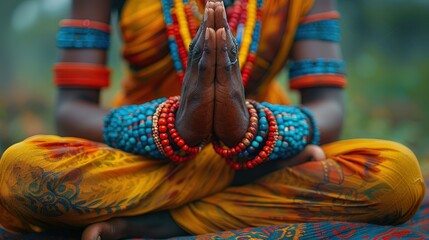 Close-up of person's hands in yoga pose, shallow depth of field, vibrant colors