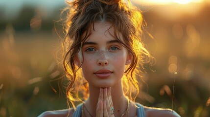 Close-up of woman's face in meditation pose, serene expression, blurred background