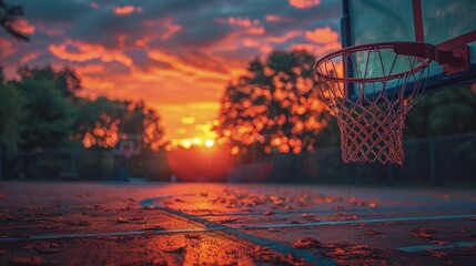 Fototapeta na wymiar Close-up shot of a basketball hoop with a vibrant sunset in the background, dramatic lighting