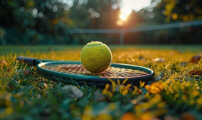 Close-up shot of a tennis racket and ball on a grass court, warm natural lighting - obrazy, fototapety, plakaty
