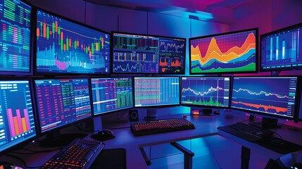 Market Analyst’s Desktop with Colorful Financial Charts and Indicators