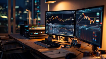 Seasoned Stock Market Player: Detailed Study of Investment Charts on Dual Monitors