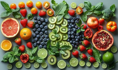 Creative composition of fresh fruits and vegetables used in sports nutrition, arranged in a visually appealing pattern - obrazy, fototapety, plakaty