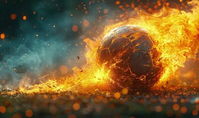 Digital illustration of a soccer ball on fire, with dynamic motion blur