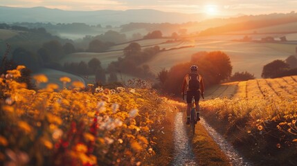 Cyclist riding through a scenic countryside, cycling adventure