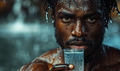 Dramatic photo of a fitness model taking a post-workout recovery supplement, intense expression emphasizing the importance of refueling - obrazy, fototapety, plakaty