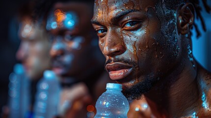 Dramatic photo of a fitness model taking a pre-workout supplement, intense expression