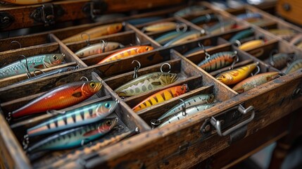 Fishing hooks and lures in a tackle box, ready for a day on the water - obrazy, fototapety, plakaty