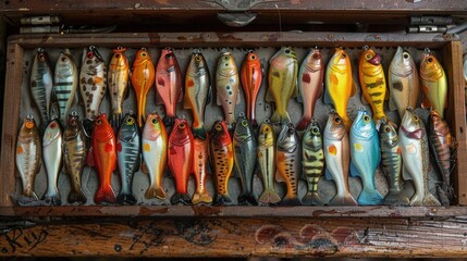 Fishing tackle box filled with shiny lures, ready for a day on the water - obrazy, fototapety, plakaty