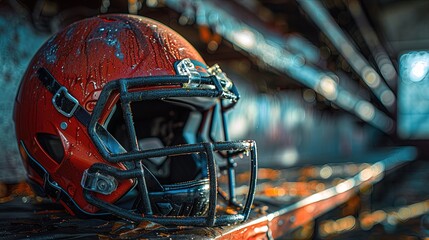 Football helmet and shoulder pads in a locker room, dramatic shadows