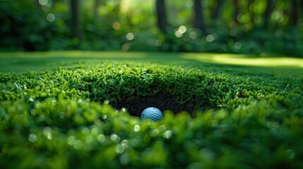 Golf ball rolling into the hole on a lush green course, hole in one - obrazy, fototapety, plakaty