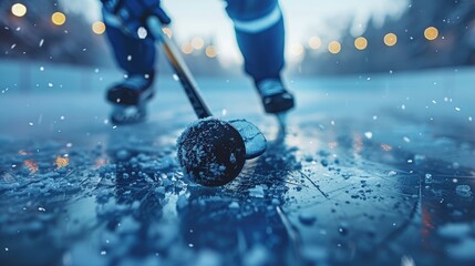Hockey stick and puck on ice with icy blue tones, action shot