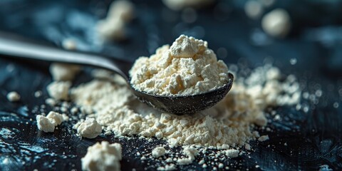 Macro shot of a scoop of creatine powder on a dark background, shallow depth of field