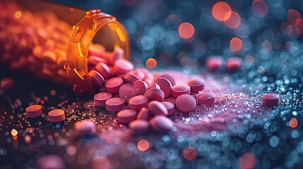 Macro shot of a bottle of magnesium tablets with a small pile spilled out next to it, sharp details and bright colors - obrazy, fototapety, plakaty
