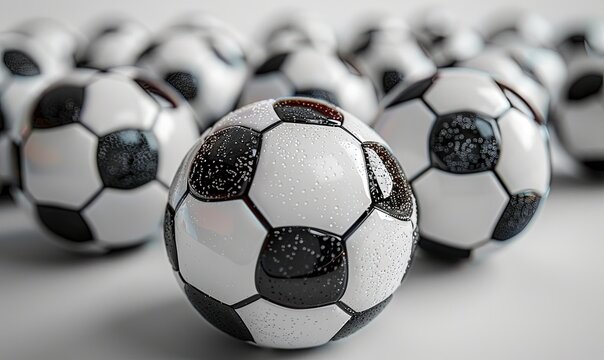 High contrast image of soccer balls on a white background, dramatic lighting
