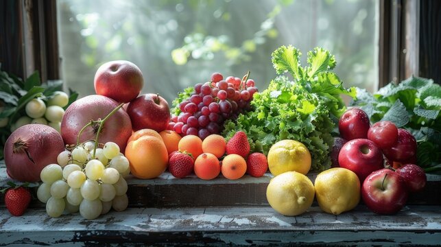 High contrast image of various fruits and vegetables, dramatic lighting effects