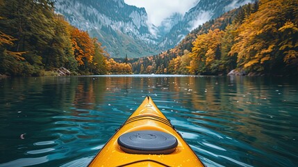 Paddle and kayak on a tranquil lake, serene reflections in the water - obrazy, fototapety, plakaty