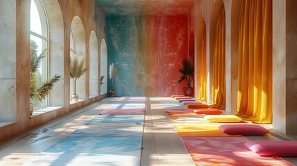Row of neatly arranged yoga mats in pastel colors, serene atmosphere