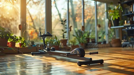 Rowing machine in a home gym setting, clean lines and modern technology - obrazy, fototapety, plakaty