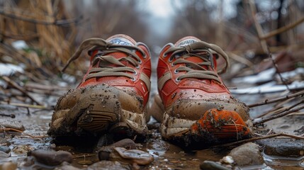 Running shoes covered in dirt after a race, gritty urban setting