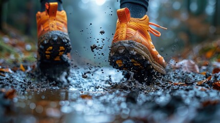 Running shoes covered in mud after a race, gritty and realistic - obrazy, fototapety, plakaty