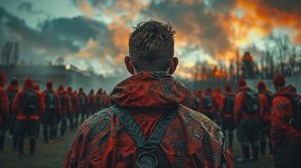 Fototapeta premium Rugby coach rallying the team before a big match, dramatic cloudy sky background