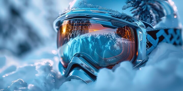 Moody image of snowboarding goggles and helmets on a white background, dramatic lighting