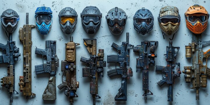 Moody image of paintball guns and masks on a white background, dramatic lighting