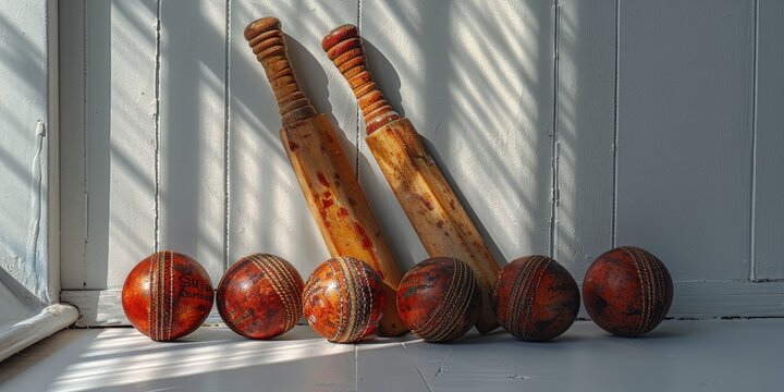 Moody image of cricket bats and balls on a white background, dramatic lighting