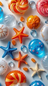 Playful photo of beach toys and inflatables on a white background, outdoor fun
