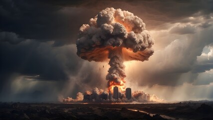 A nuclear bomb detonation accompanied by a mushroom cloud that unleashes a weapon of mass devastation and brings about a catastrophic Armageddon - obrazy, fototapety, plakaty