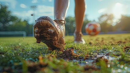 Soccer cleats covered in grass stains, action shot of kicking a ball on the field - obrazy, fototapety, plakaty