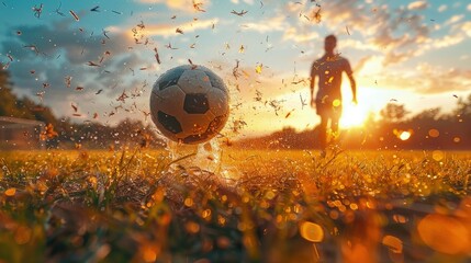 Soccer player kicking a ball with precision, grass flying, sunset background