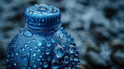 Sports water bottle covered in droplets of water, refreshing cool tones