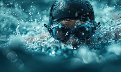 Strong swimmer powering through the water in a race, splashes frozen in time